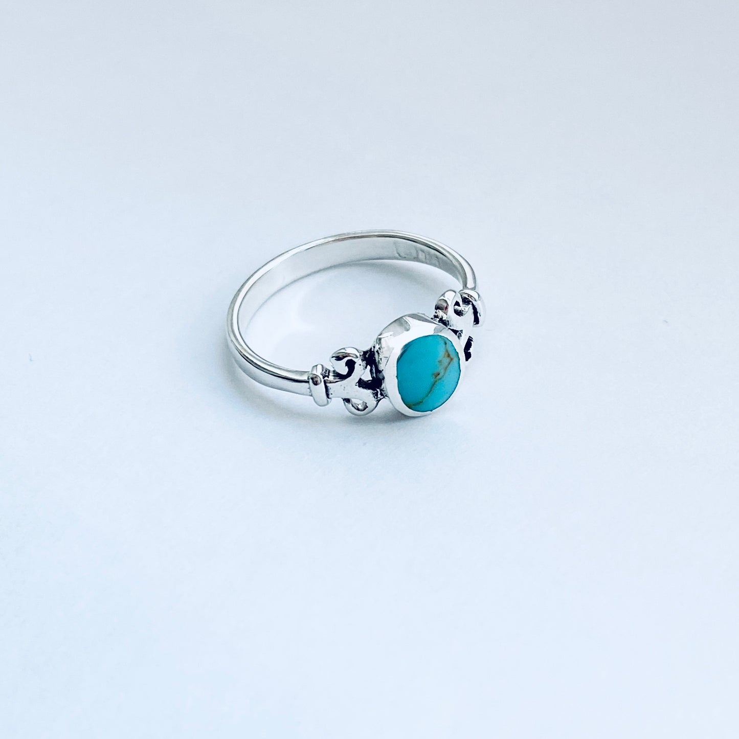 Sterling Silver Round Synthetic Turquoise Ring with Swirls, Dainty Stone Jewelry