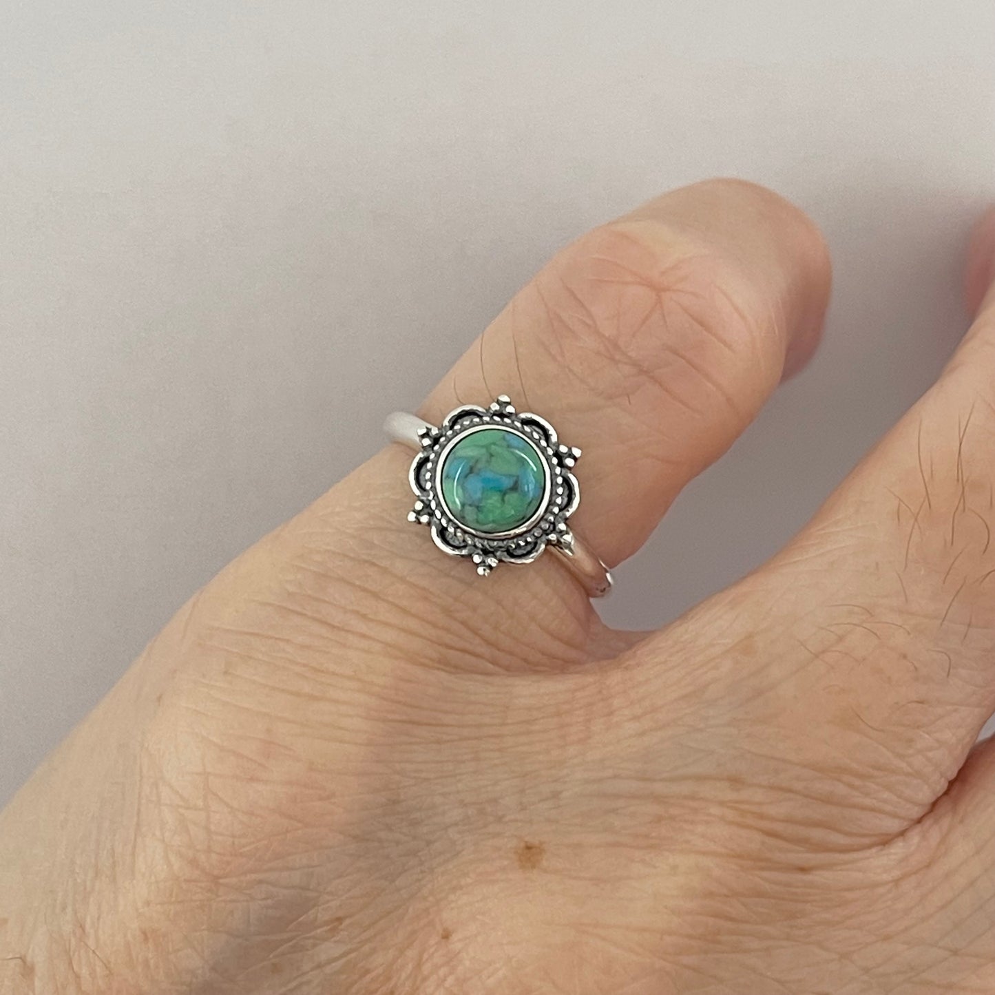 Sterling Silver Flower Genuine Turquoise Ring, Mandala Silver Ring