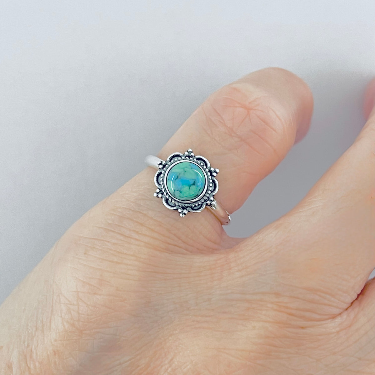 925 Sterling Silver Dainty Flower Genuine Turquoise Ring | Floral Mandala Stone Silver Rings