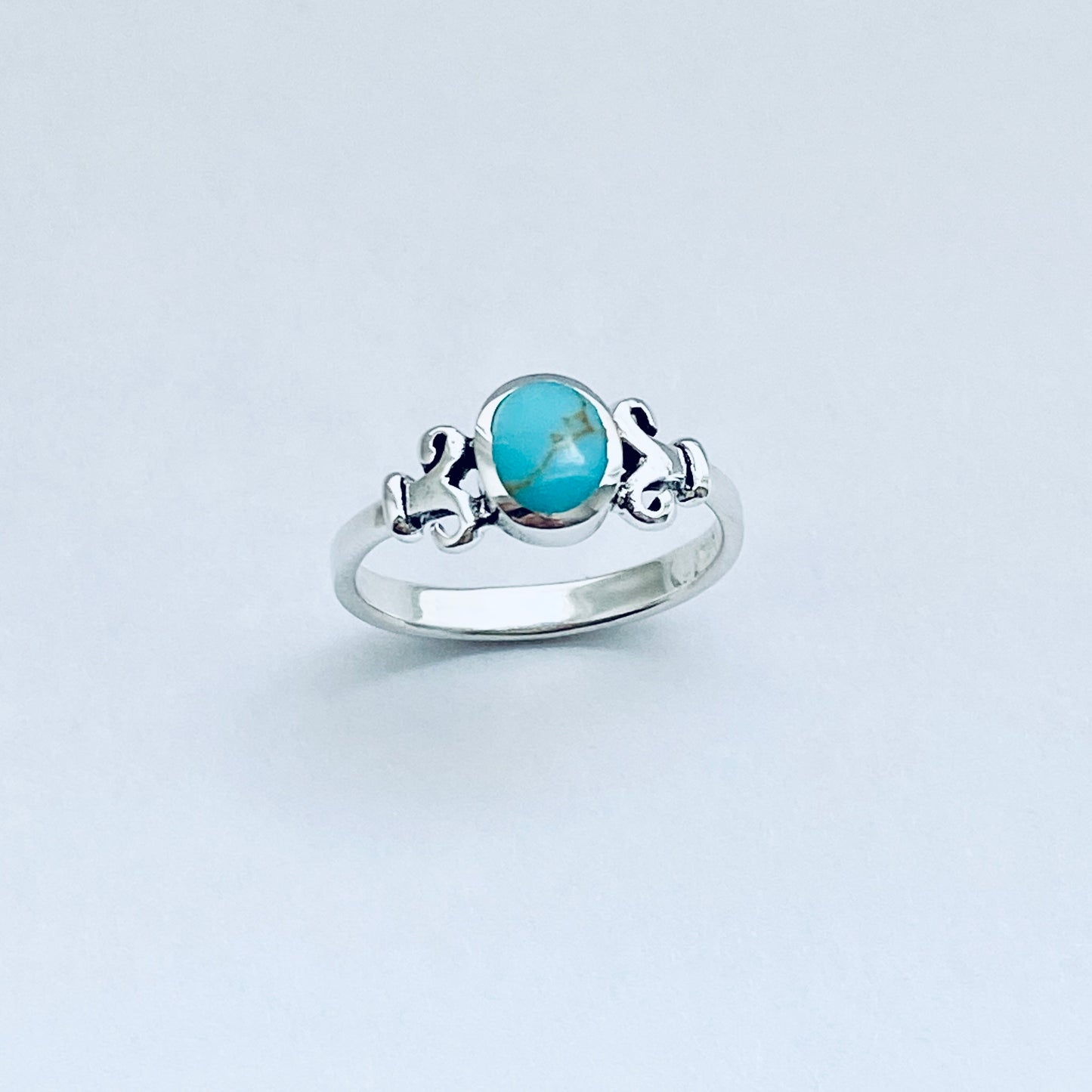 Sterling Silver Round Synthetic Turquoise Ring with Swirls, Dainty Stone Jewelry