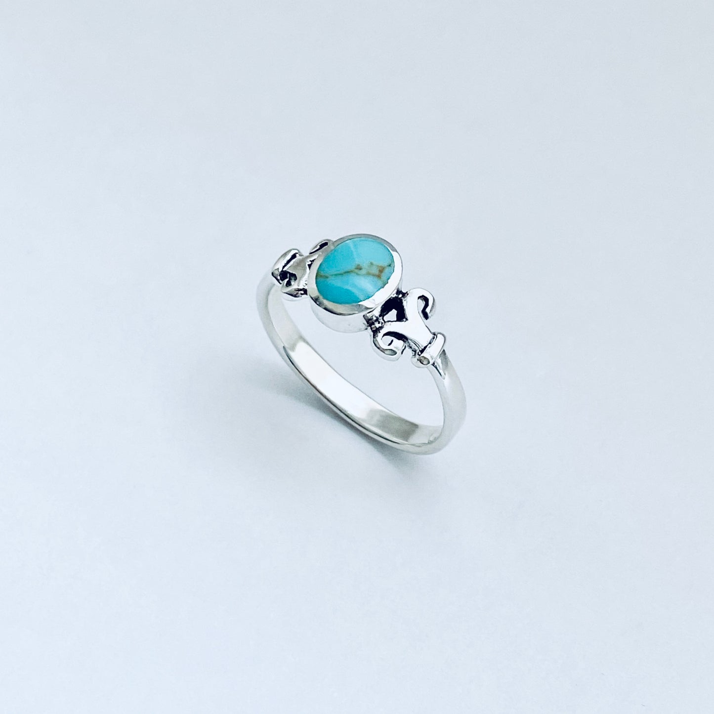 Sterling Silver Round Synthetic Turquoise Ring with Swirls, Dainty Stone Jewelry