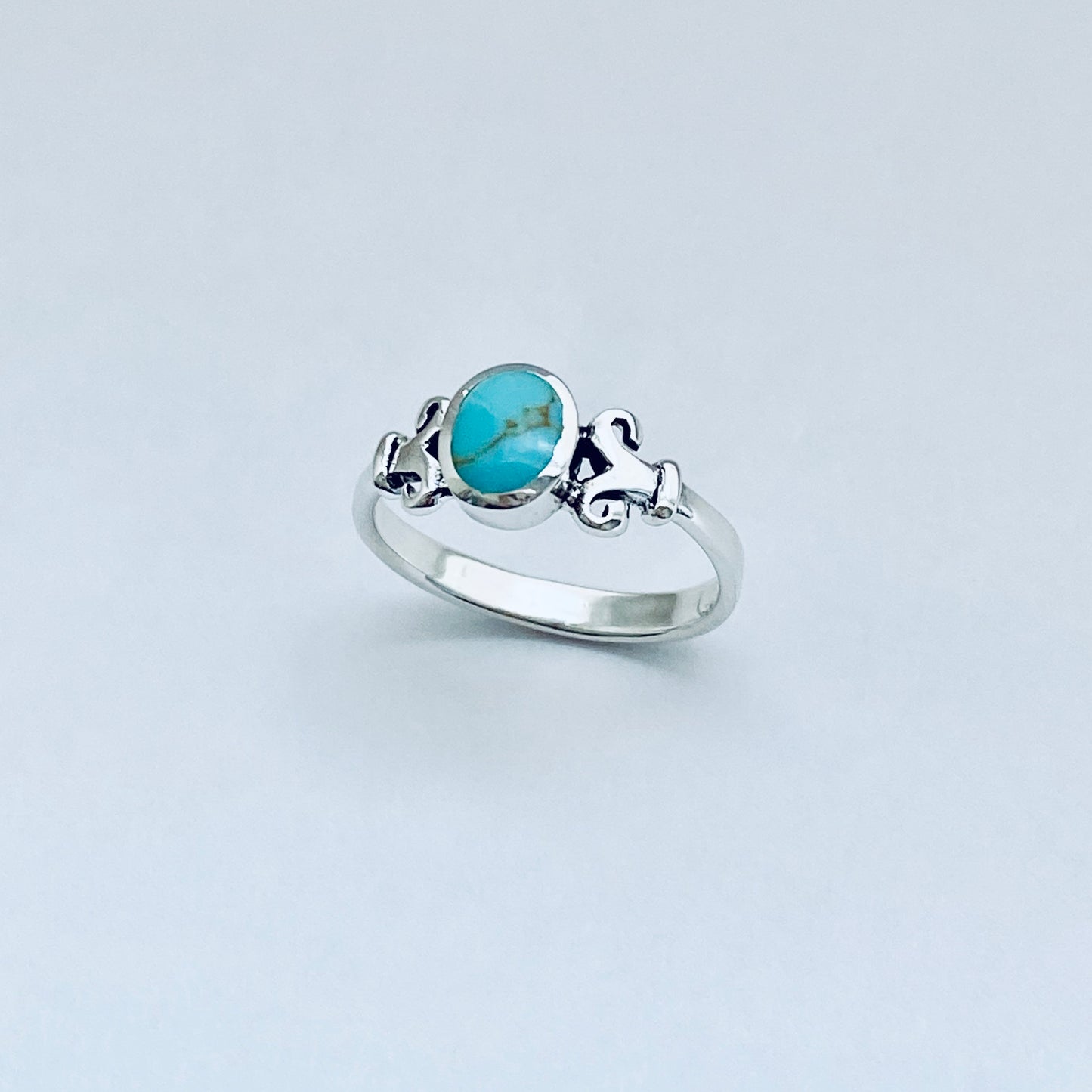 Sterling Silver Round Synthetic Turquoise Ring with Swirls, Dainty Stone Jewelry