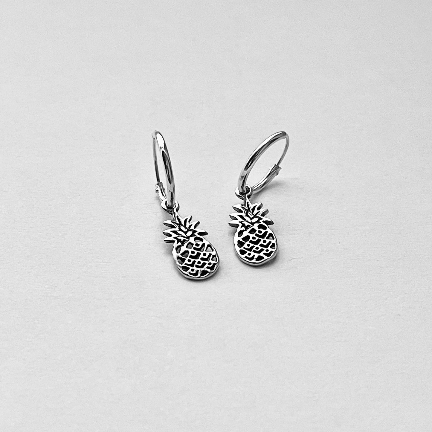 Sterling Silver Hoop with Pineapple Earring, Tropical Fruit Earrings, Dangling Silver Earring