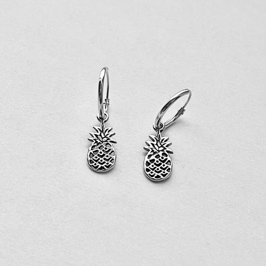 Sterling Silver Hoop with Pineapple Earring, Tropical Fruit Earrings, Dangling Silver Earring