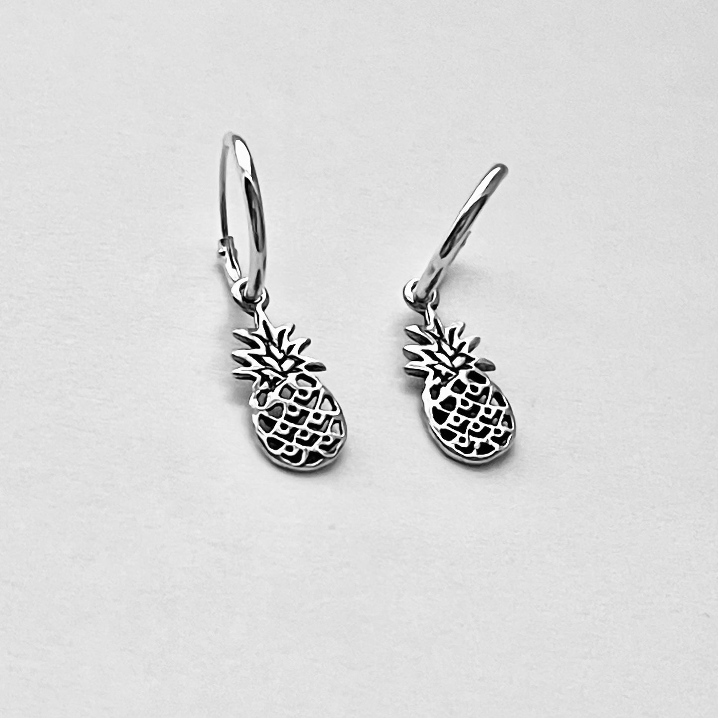 Sterling Silver Hoop with Pineapple Earring, Tropical Fruit Earrings, Dangling Silver Earring