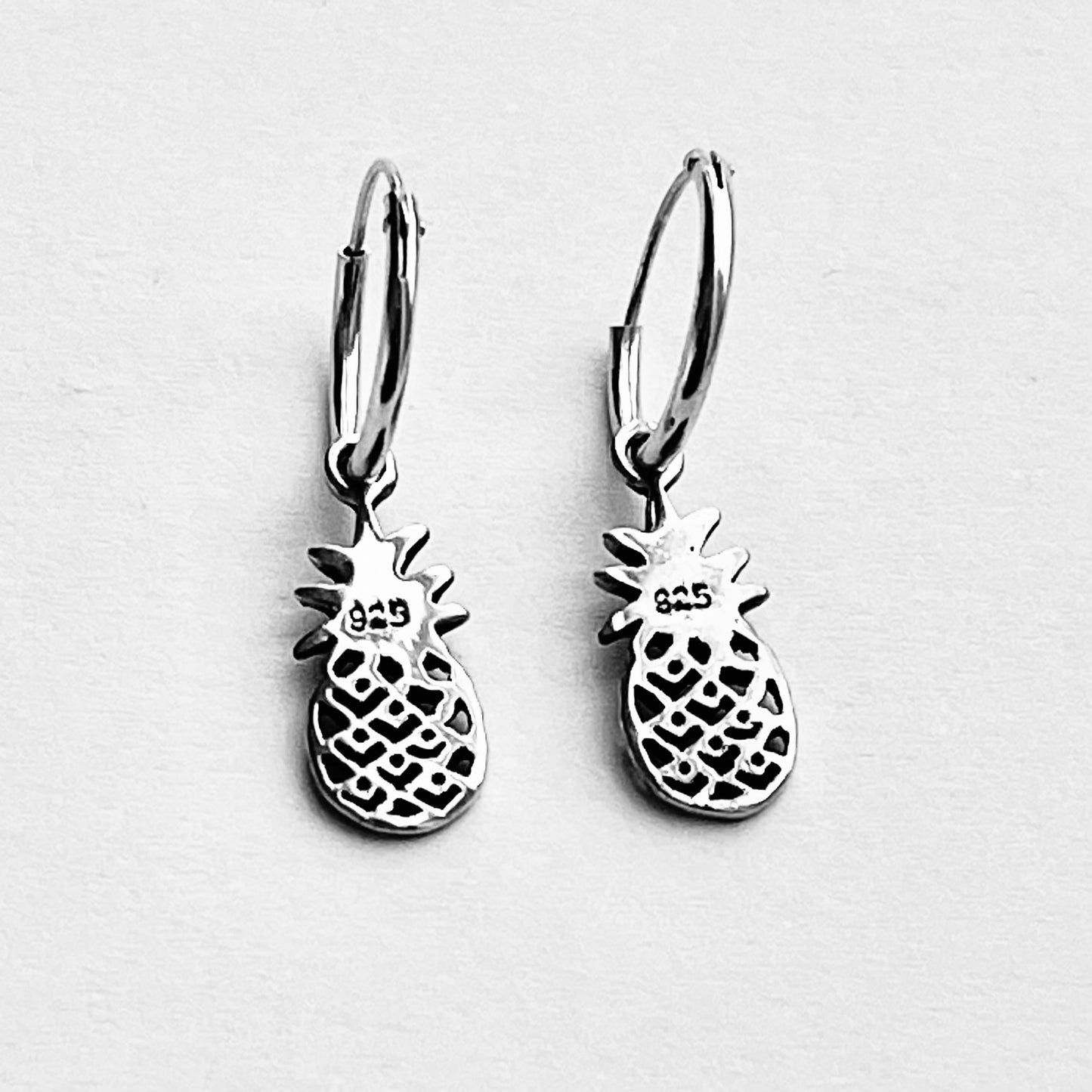 Sterling Silver Hoop with Pineapple Earring, Tropical Fruit Earrings, Dangling Silver Earring