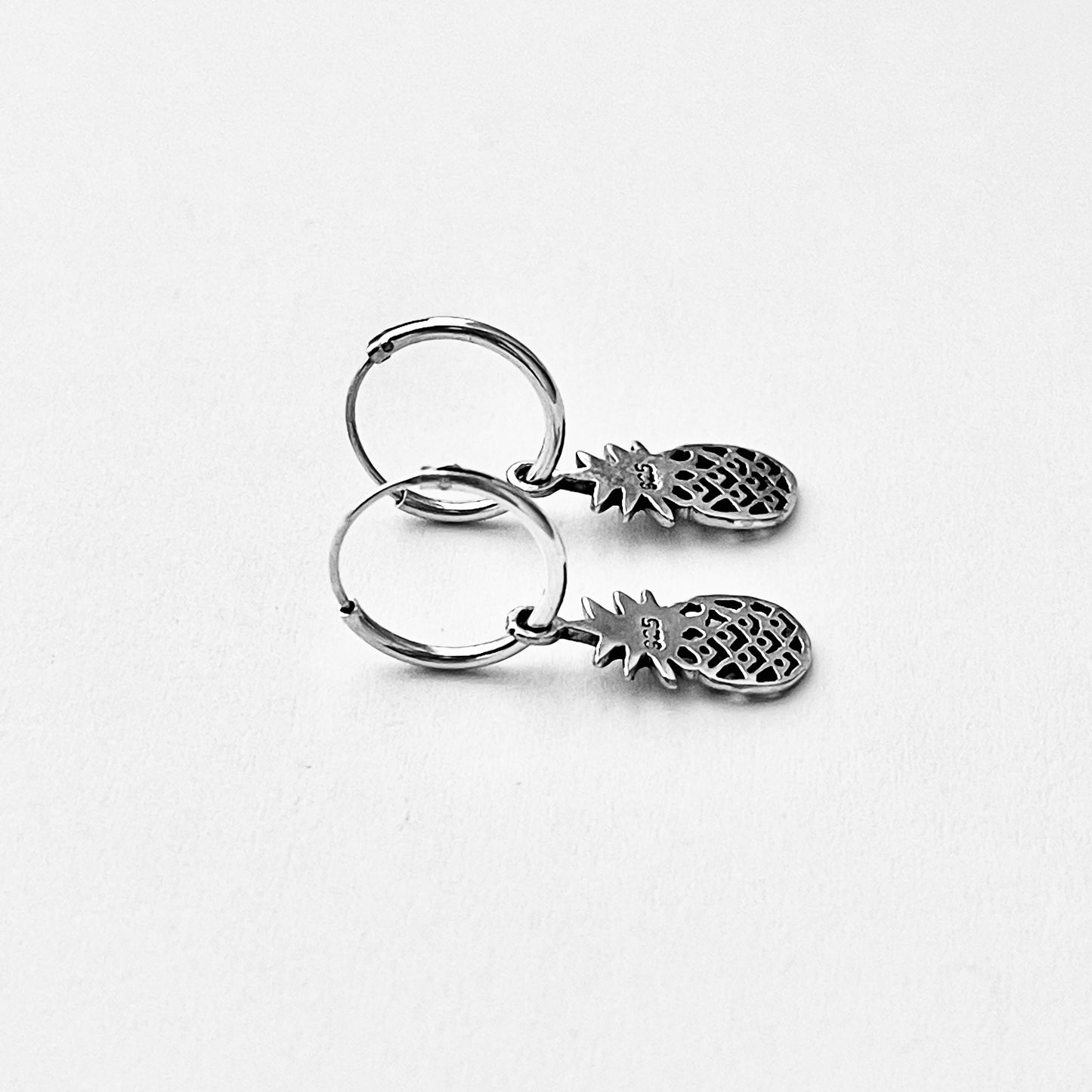 Sterling Silver Hoop with Pineapple Earring, Tropical Fruit Earrings, Dangling Silver Earring