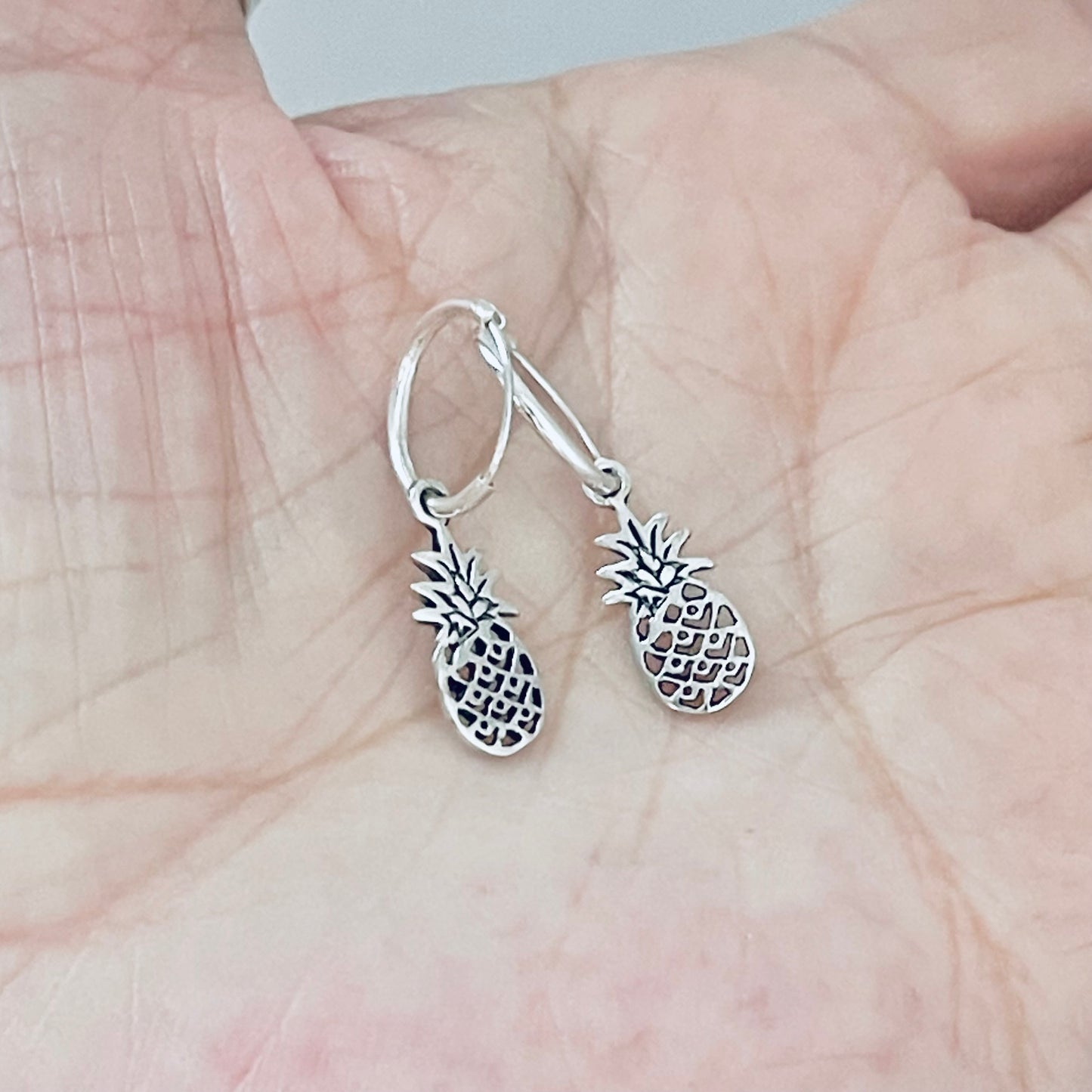 Sterling Silver Hoop with Pineapple Earring, Tropical Fruit Earrings, Dangling Silver Earring