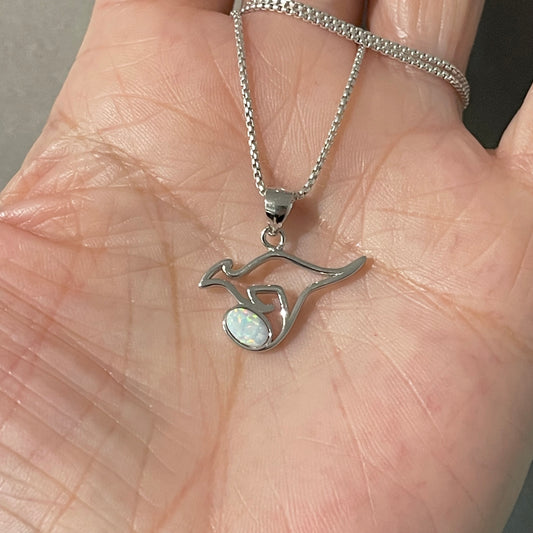 Sterling Silver Kangaroo with White Lab Opal Necklace, Australia Necklaces, October Birthstone Necklace