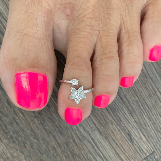 Sterling Silver Celestial CZ Star Toe Ring, Midi Ring, Adjustable Silver Ring