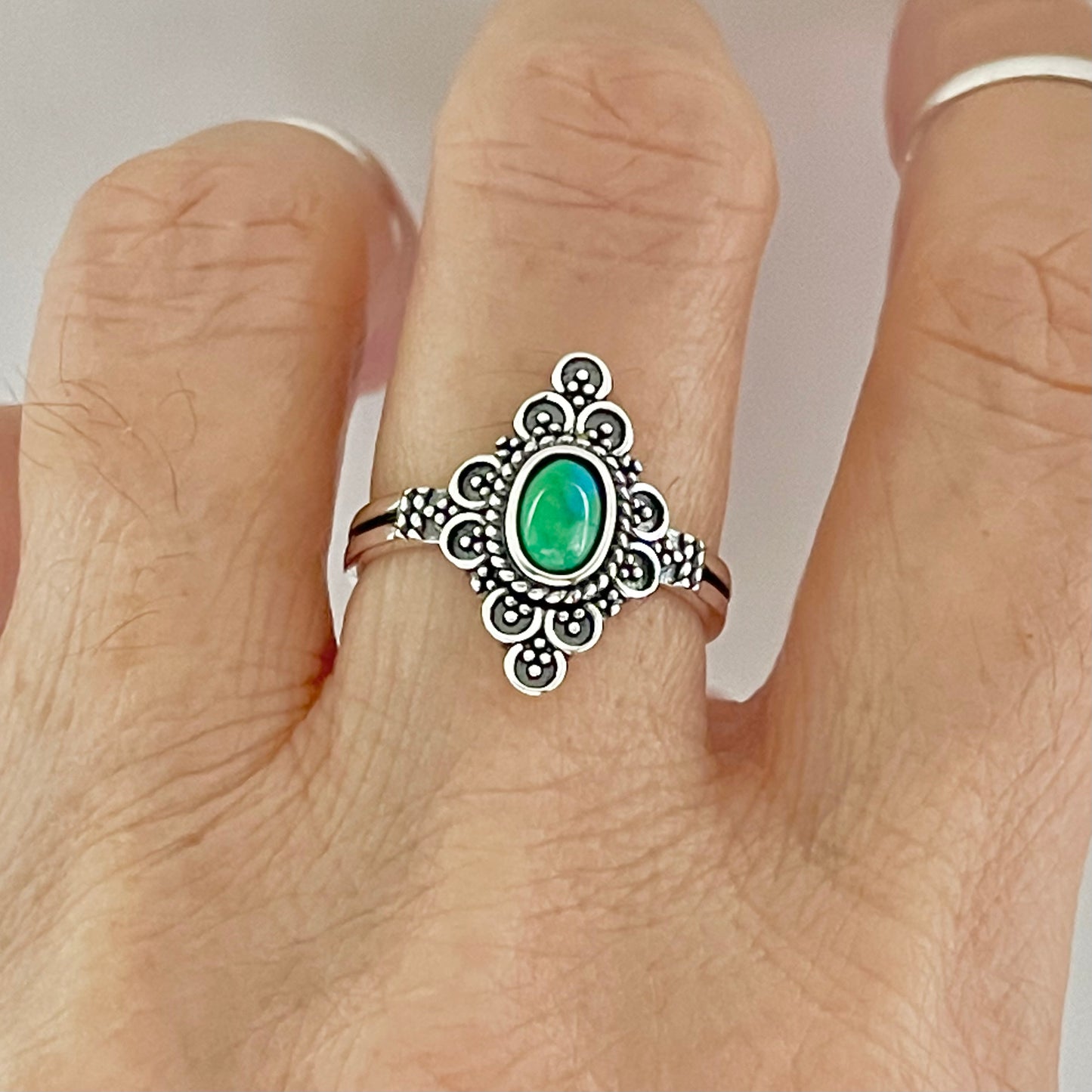 Sterling Silver Bali Style Genuine Turquoise Ring, Mandala Rings, Silver Stone Ring