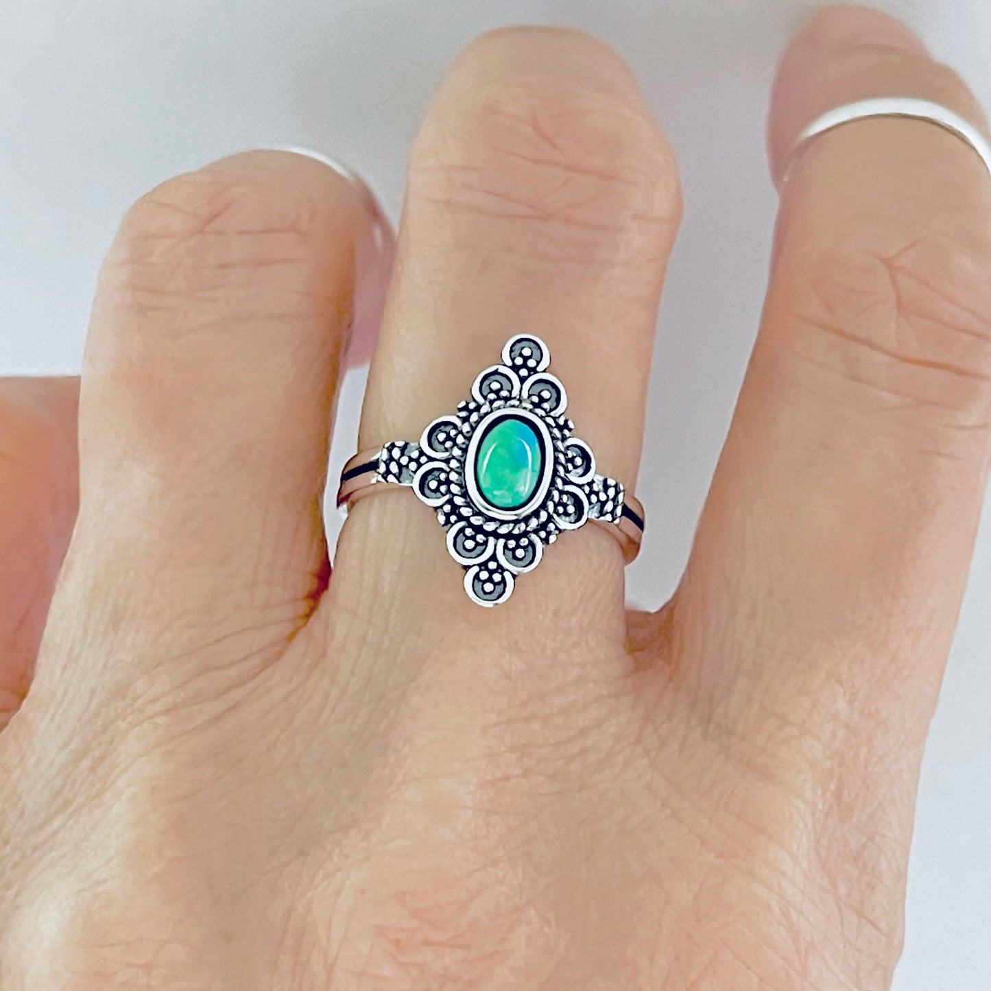 Sterling Silver Bali Style Genuine Turquoise Ring – Mandala Victorian Statement Rings