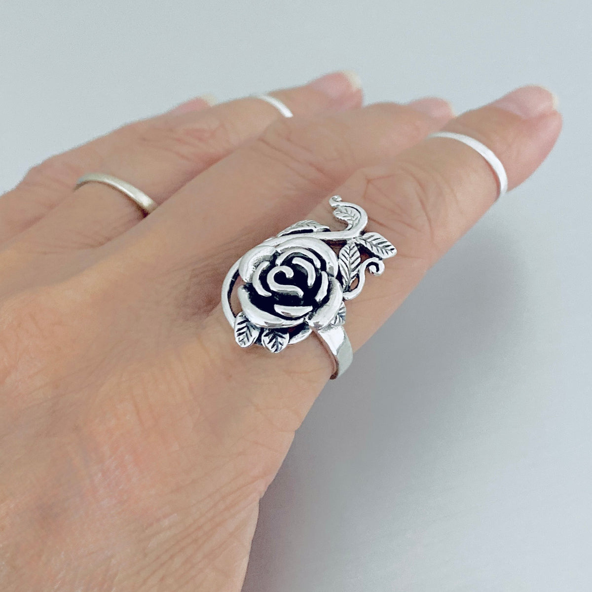925 Sterling Silver Statement Rose Ring with Leaf Branches | Flower Roses Silver Rings