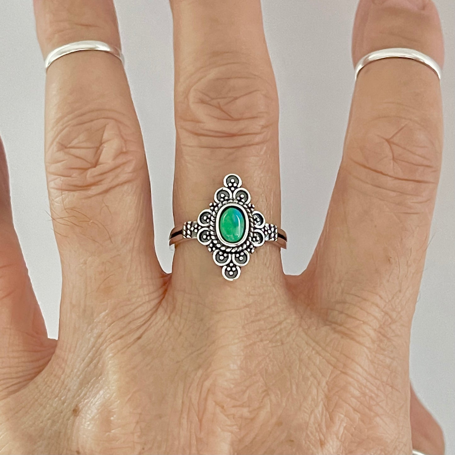 Sterling Silver Bali Style Genuine Turquoise Ring, Mandala Rings, Silver Stone Ring