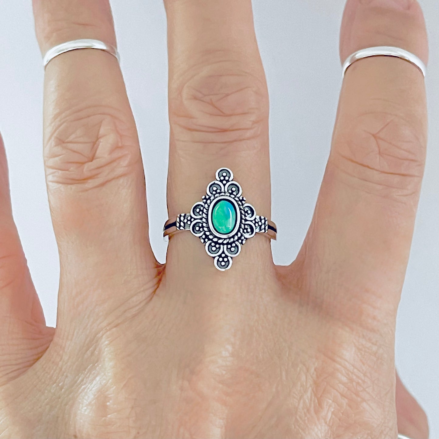 Sterling Silver Bali Style Genuine Turquoise Ring – Mandala Victorian Statement Rings