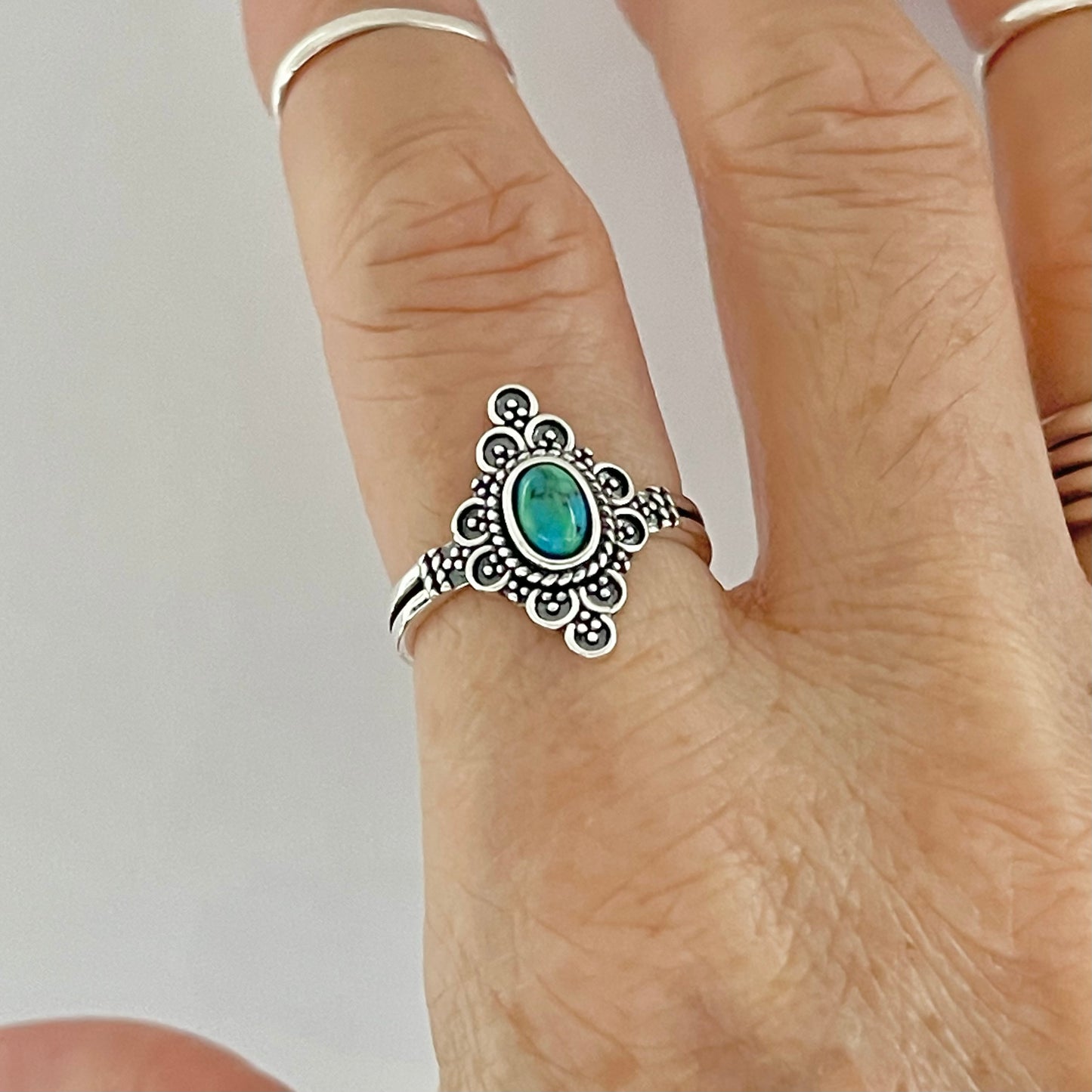 Sterling Silver Bali Style Genuine Turquoise Ring, Mandala Rings, Silver Stone Ring