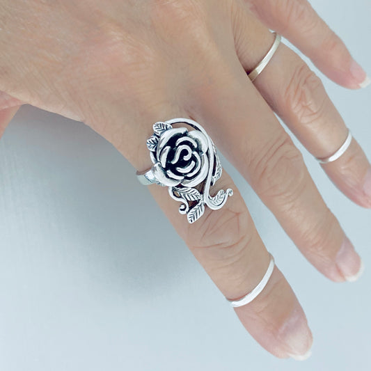 925 Sterling Silver Statement Rose Ring with Leaf Branches | Flower Roses Silver Rings