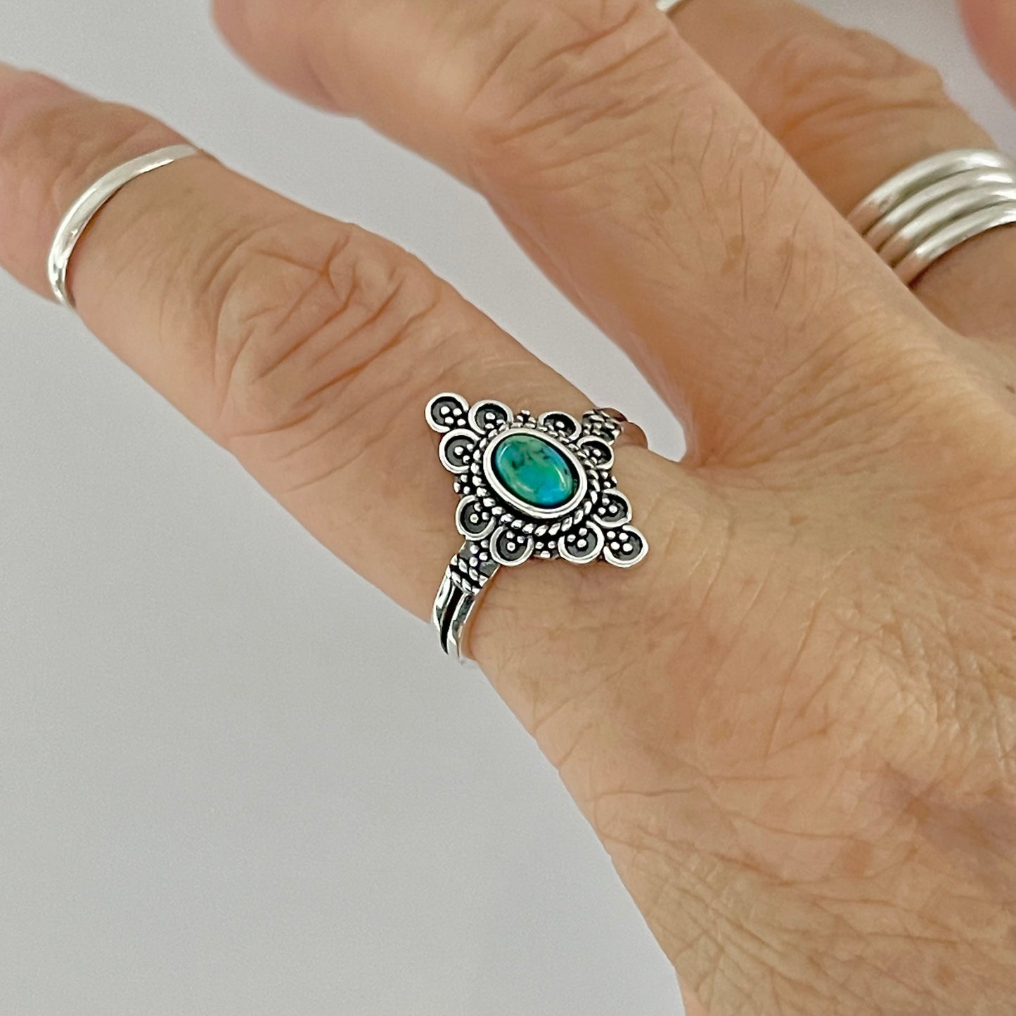 Sterling Silver Bali Style Genuine Turquoise Ring, Mandala Rings, Silver Stone Ring