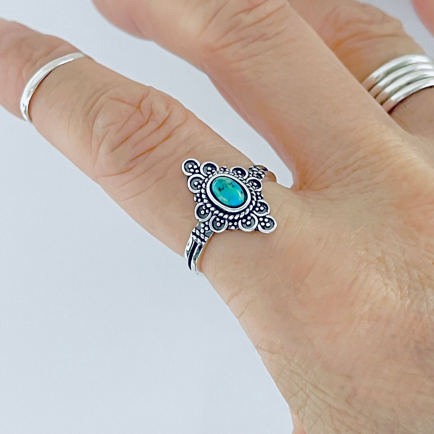 Sterling Silver Bali Style Genuine Turquoise Ring – Mandala Victorian Statement Rings