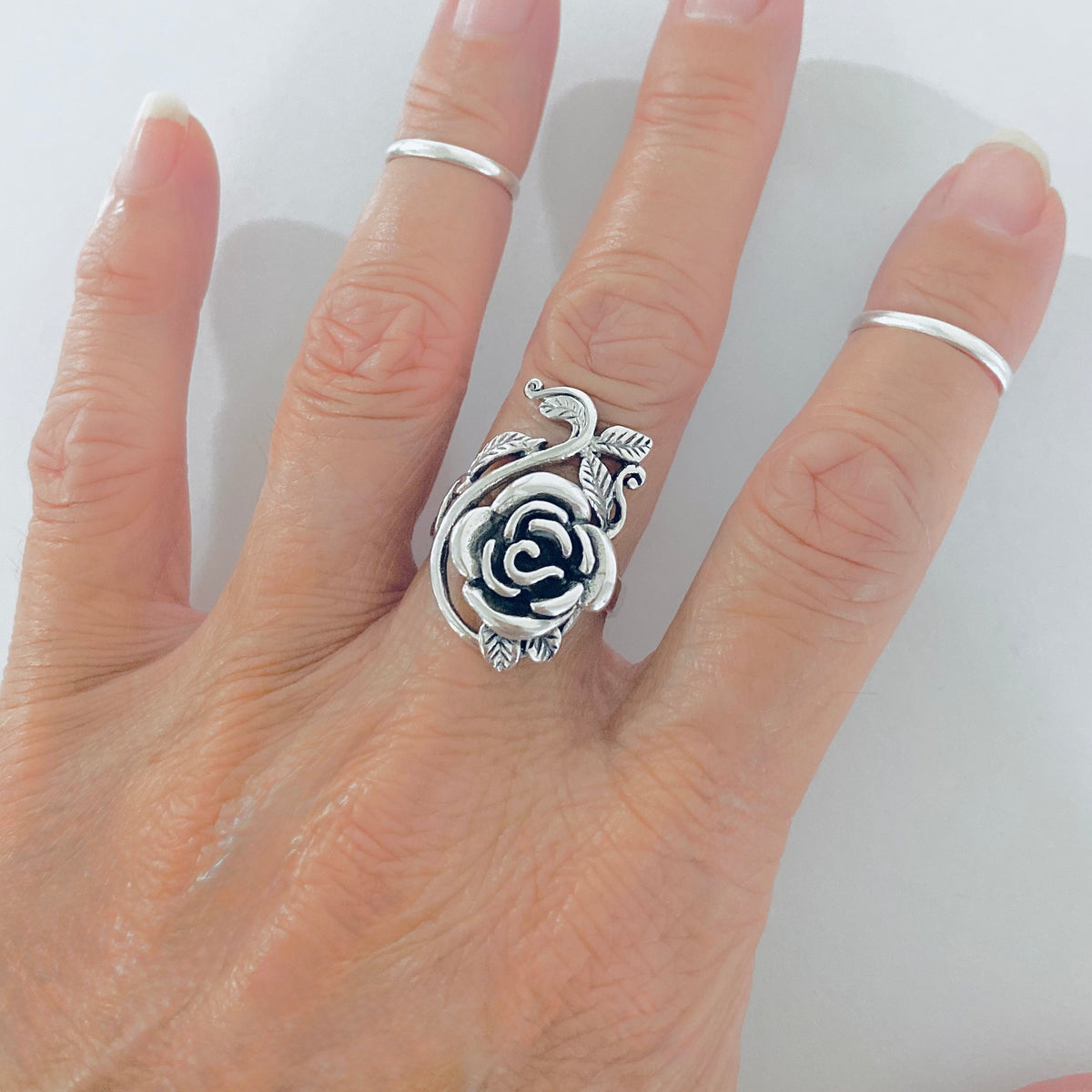 925 Sterling Silver Statement Rose Ring with Leaf Branches | Flower Roses Silver Rings