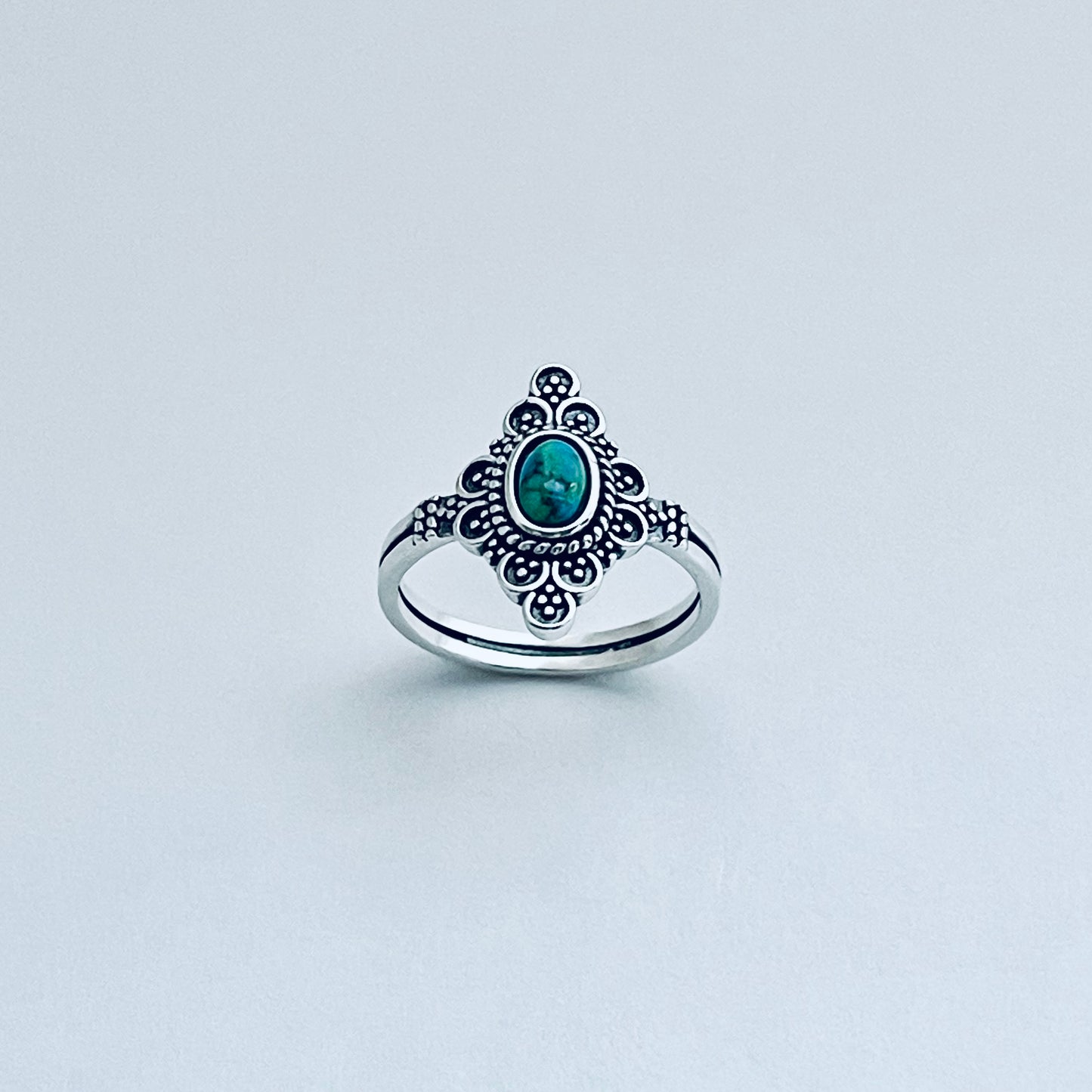 Sterling Silver Bali Style Genuine Turquoise Ring, Mandala Rings, Silver Stone Ring