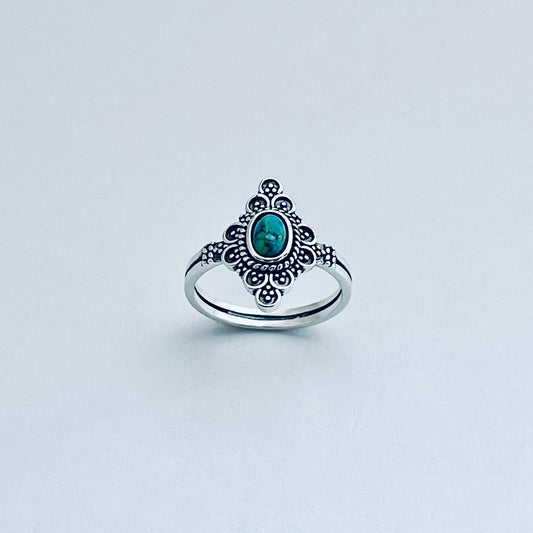 Sterling Silver Bali Style Genuine Turquoise Ring, Mandala Rings, Silver Stone Ring