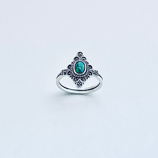 Sterling Silver Bali Style Genuine Turquoise Ring – Mandala Victorian Statement Rings