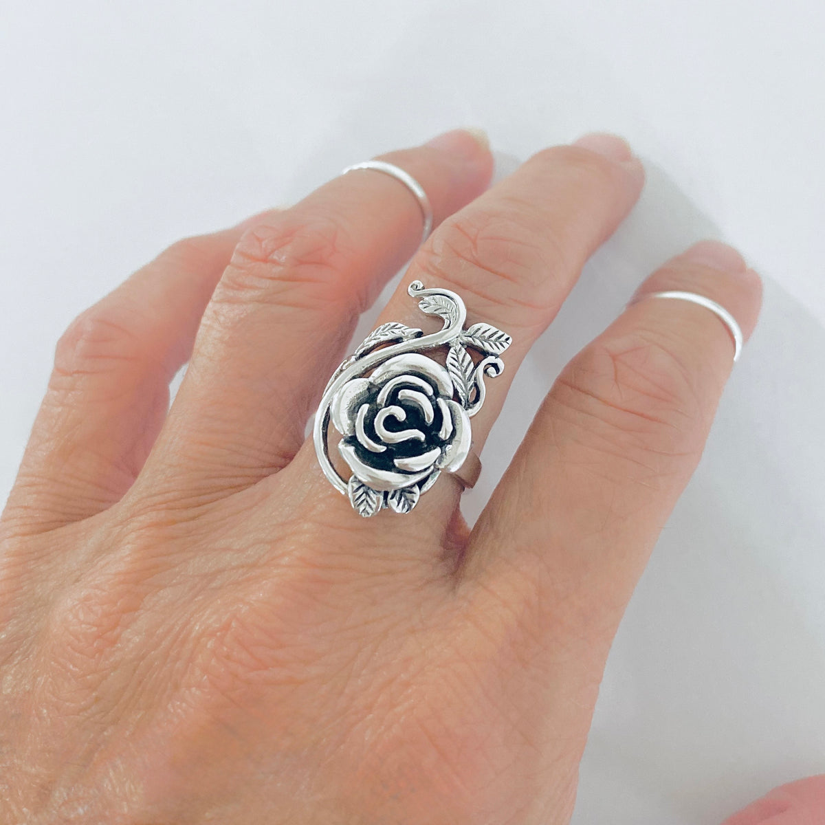 925 Sterling Silver Statement Rose Ring with Leaf Branches | Flower Roses Silver Rings
