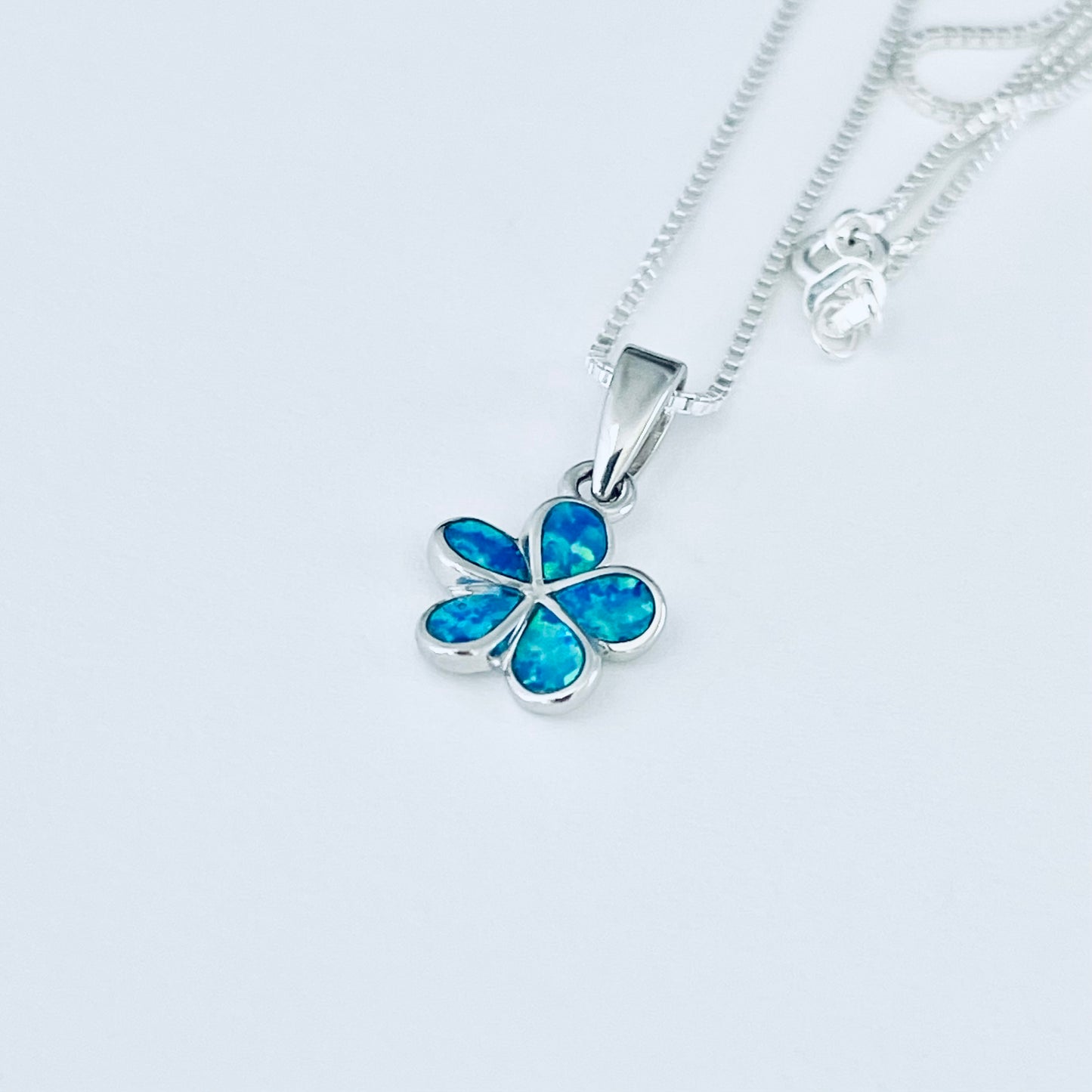 Sterling Silver Plumeria Blue Lab Opal Necklace, Hawaii Flower Chain, October Birthstone