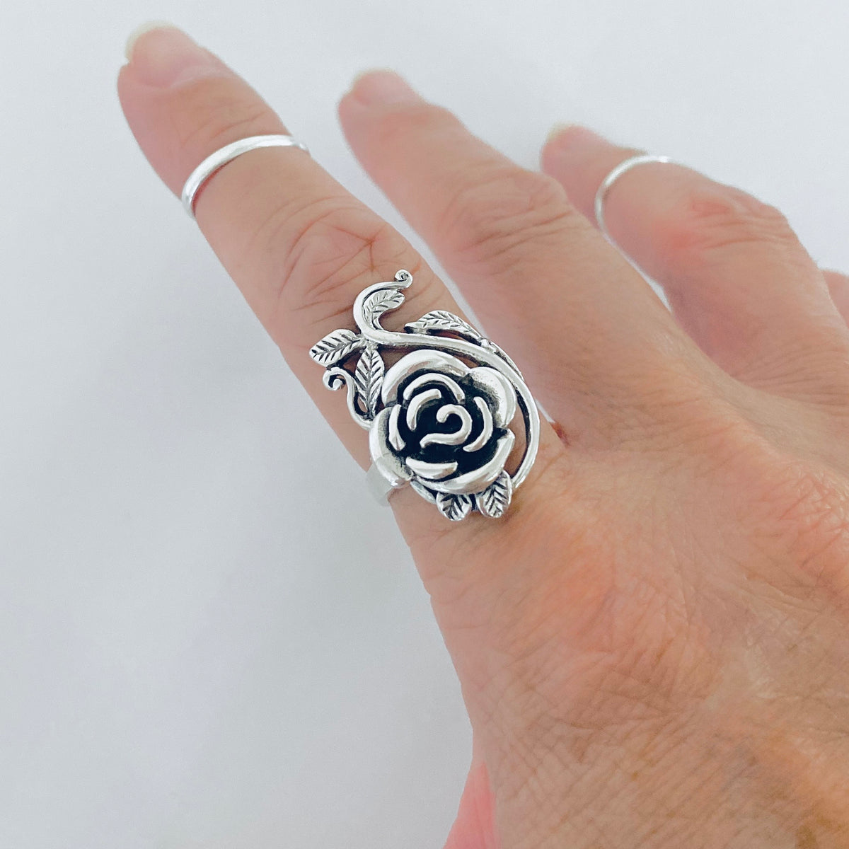 925 Sterling Silver Statement Rose Ring with Leaf Branches | Flower Roses Silver Rings