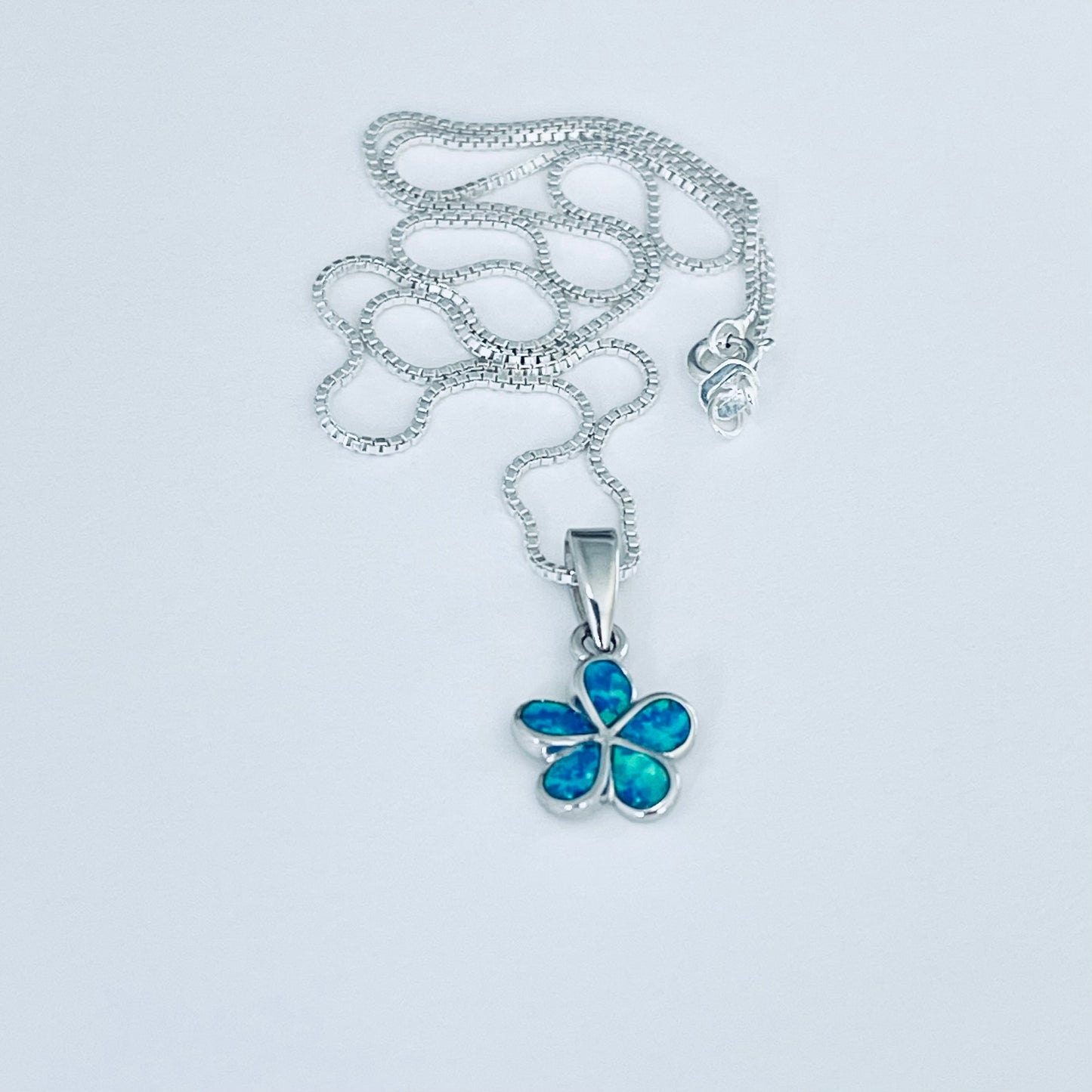 Sterling Silver Plumeria Blue Lab Opal Necklace, Hawaii Flower Chain, October Birthstone