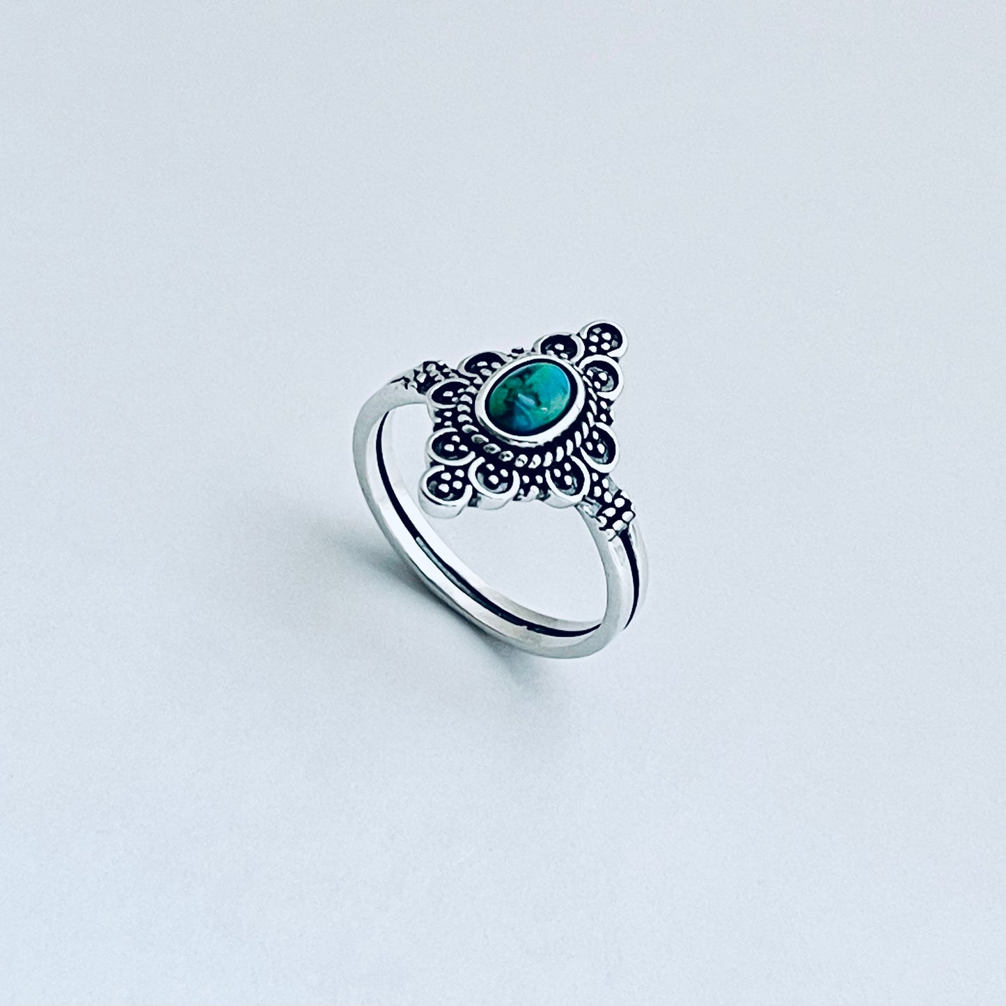 Sterling Silver Bali Style Genuine Turquoise Ring, Mandala Rings, Silver Stone Ring