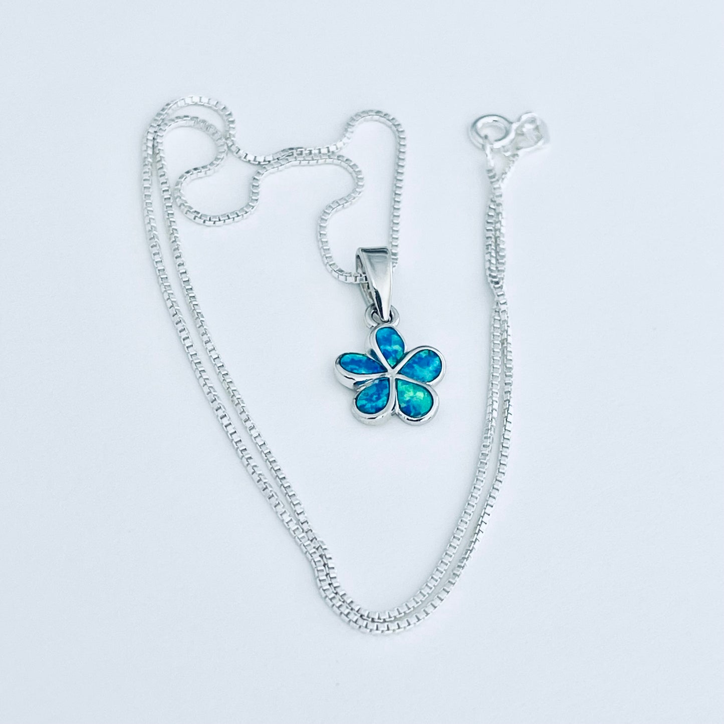 Sterling Silver Plumeria Blue Lab Opal Necklace, Hawaii Flower Chain, October Birthstone