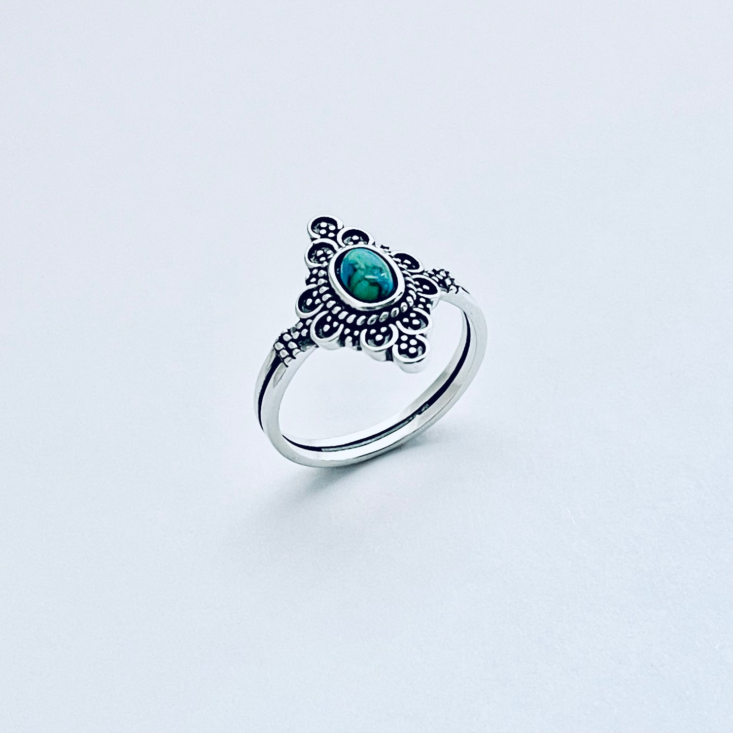Sterling Silver Bali Style Genuine Turquoise Ring – Mandala Victorian Statement Rings