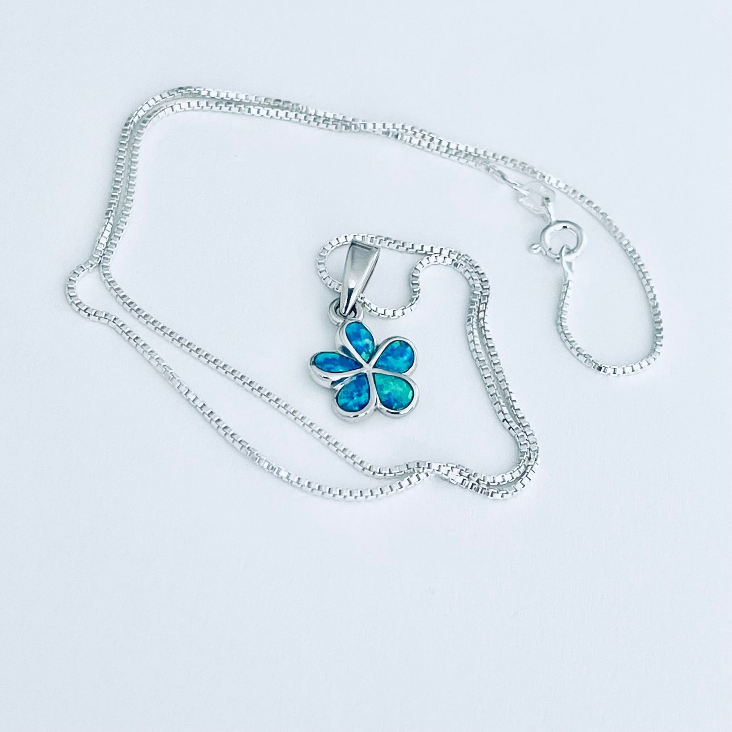 Sterling Silver Plumeria Blue Lab Opal Necklace, Hawaii Flower Chain, October Birthstone