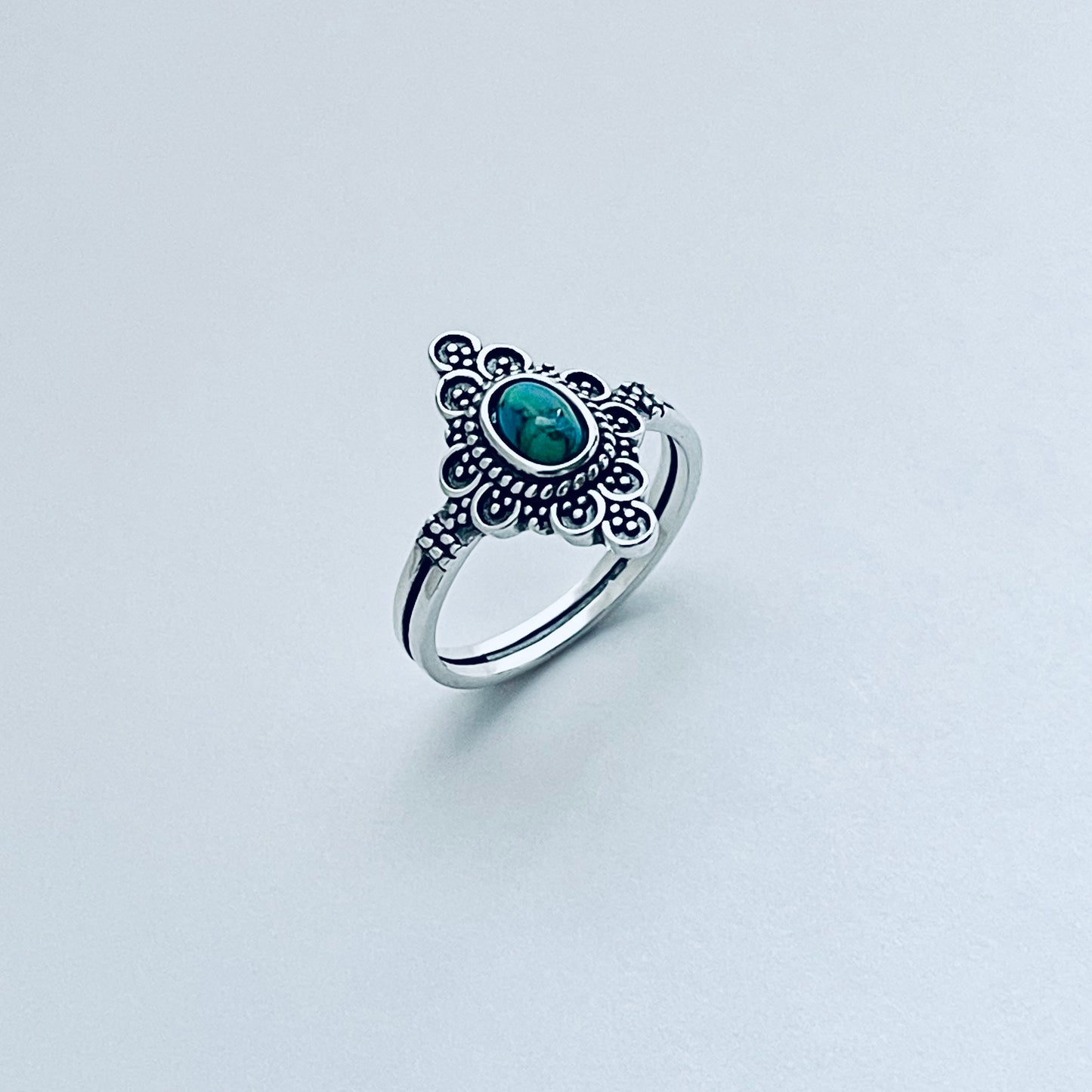 Sterling Silver Bali Style Genuine Turquoise Ring, Mandala Rings, Silver Stone Ring