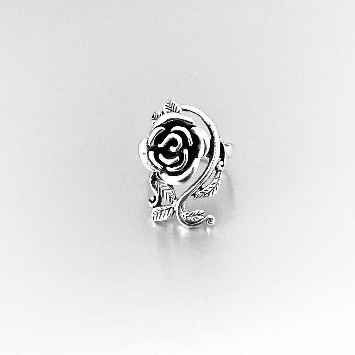 925 Sterling Silver Statement Rose Ring with Leaf Branches | Flower Roses Silver Rings