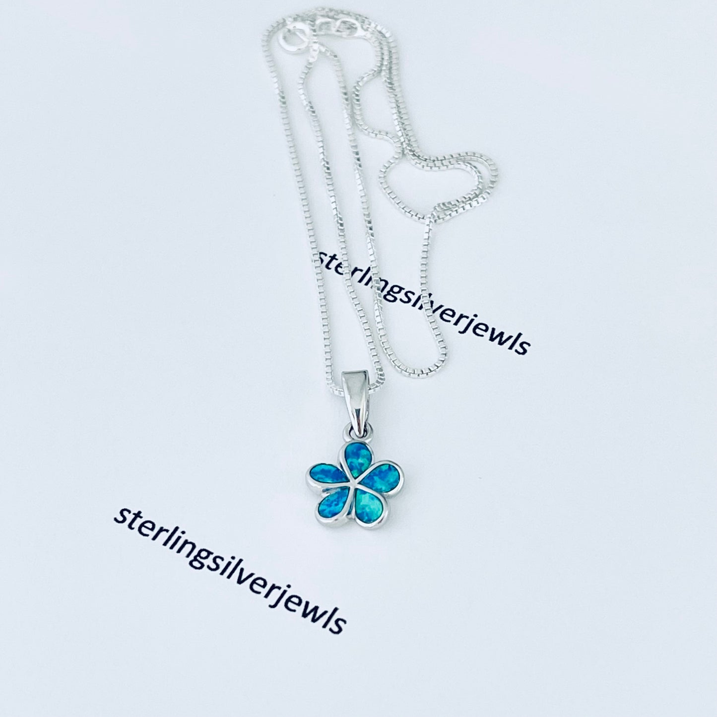 Sterling Silver Plumeria Blue Lab Opal Necklace, Hawaii Flower Chain, October Birthstone
