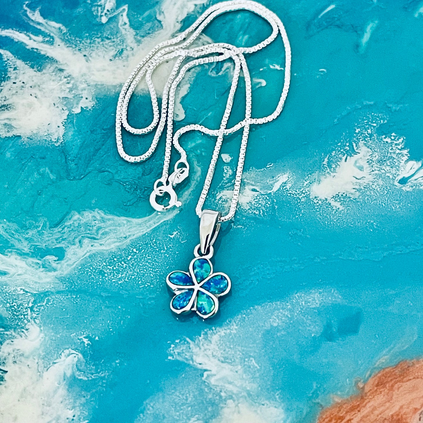 Sterling Silver Plumeria Blue Lab Opal Necklace, Hawaii Flower Chain, October Birthstone