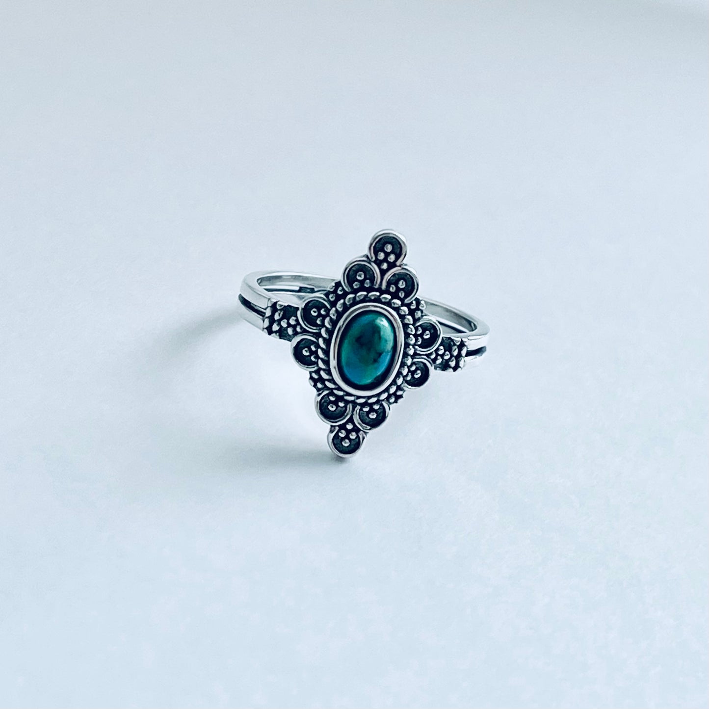 Sterling Silver Bali Style Genuine Turquoise Ring, Mandala Rings, Silver Stone Ring