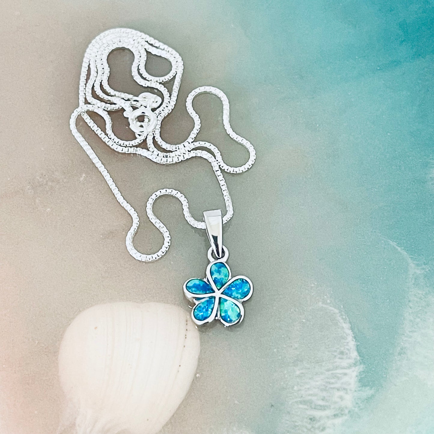 Sterling Silver Plumeria Blue Lab Opal Necklace, Hawaii Flower Chain, October Birthstone