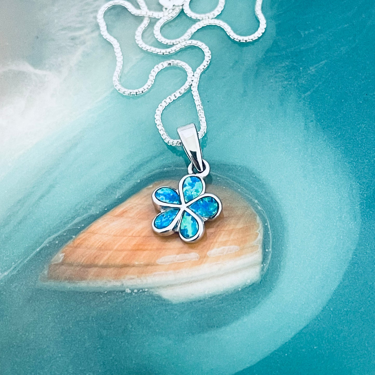 Sterling Silver Plumeria Blue Lab Opal Necklace, Hawaii Flower Chain, October Birthstone