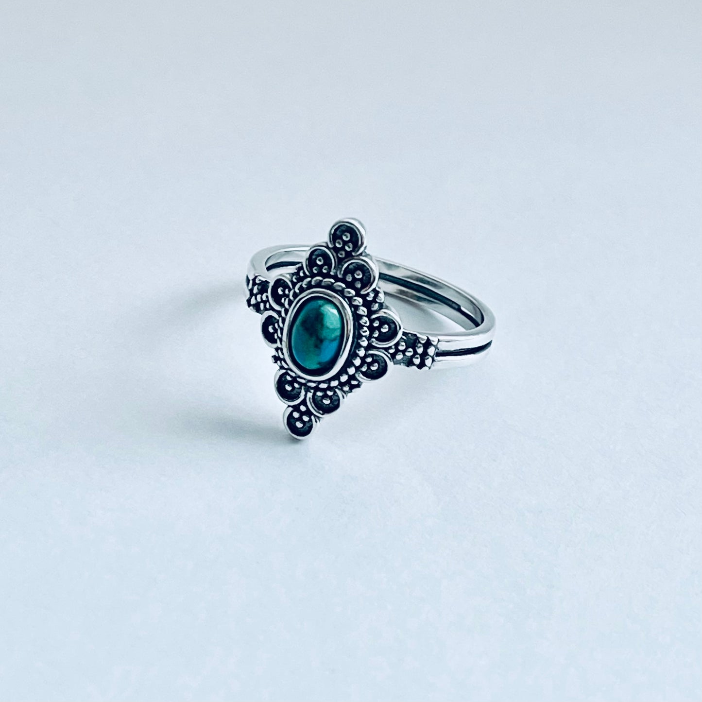 Sterling Silver Bali Style Genuine Turquoise Ring, Mandala Rings, Silver Stone Ring