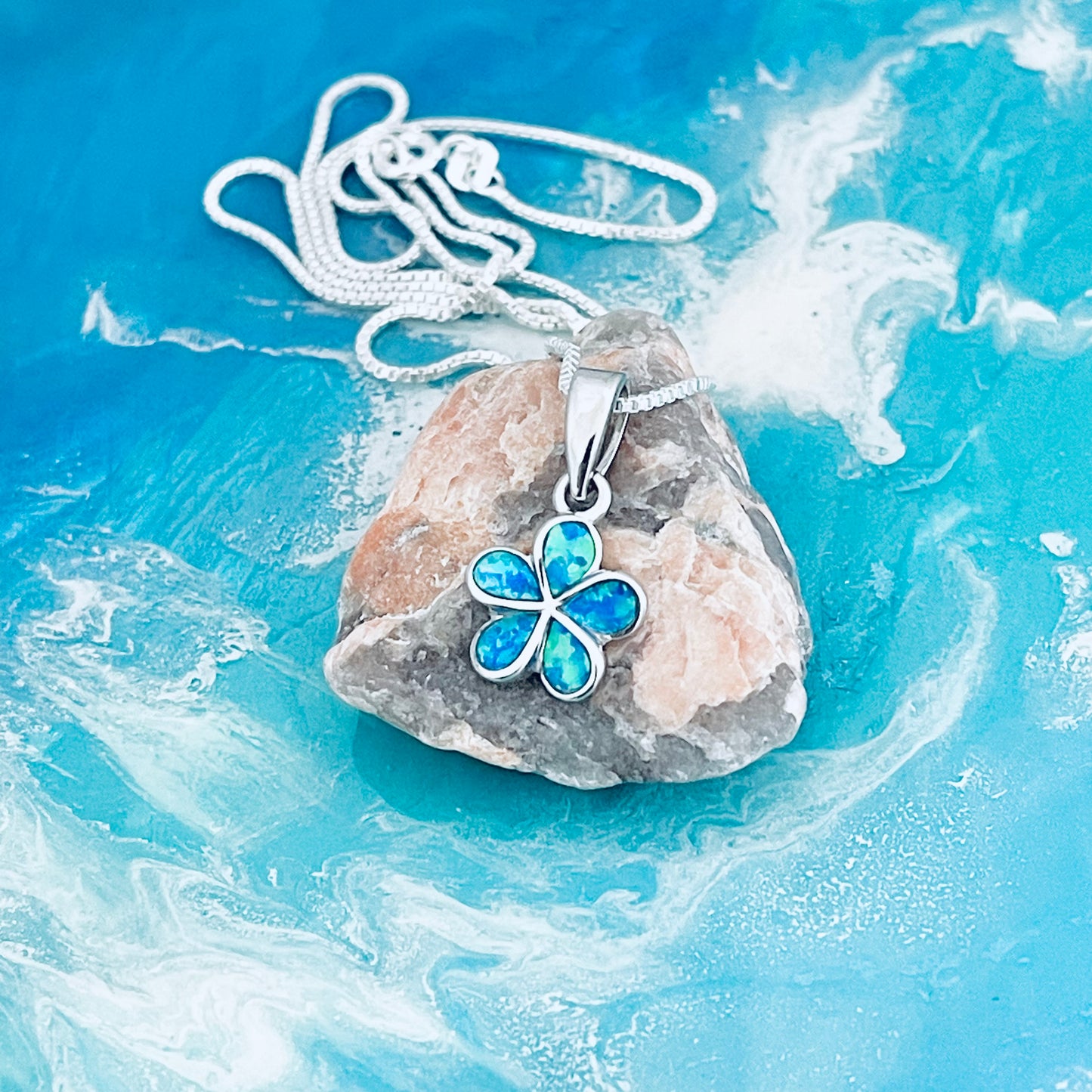 Sterling Silver Plumeria Blue Lab Opal Necklace, Hawaii Flower Chain, October Birthstone