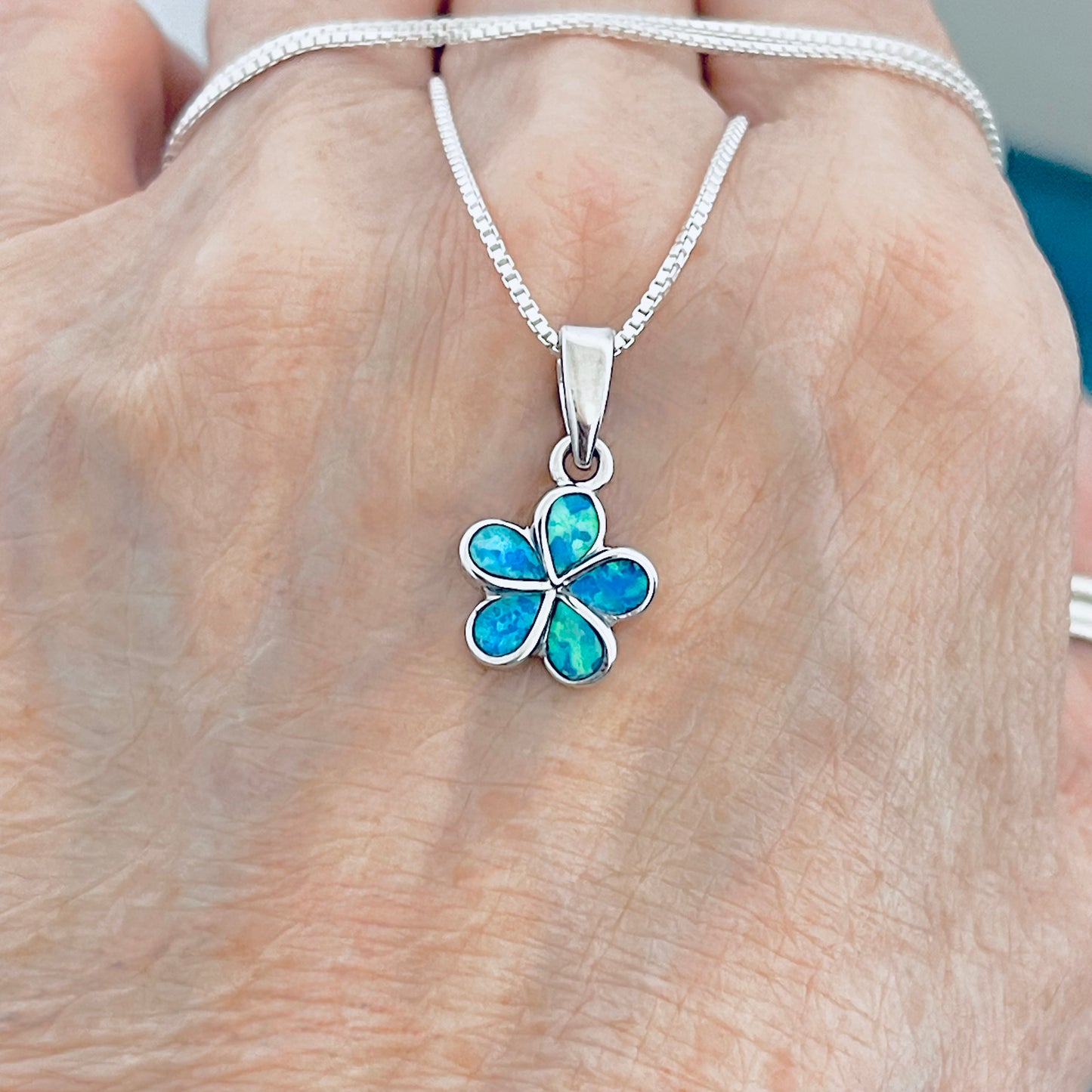 Sterling Silver Plumeria Blue Lab Opal Necklace, Hawaii Flower Chain, October Birthstone