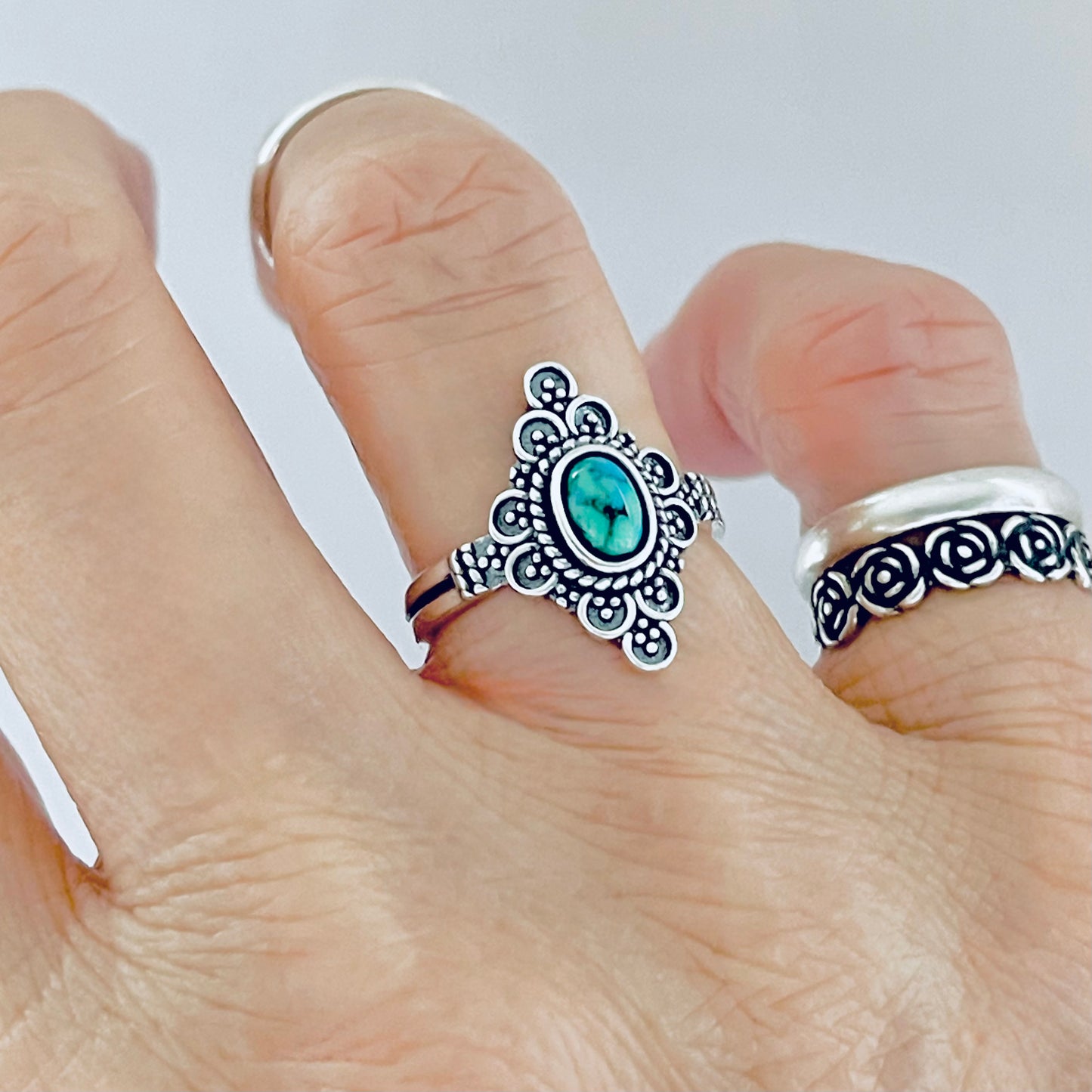 Sterling Silver Bali Style Genuine Turquoise Ring – Mandala Victorian Statement Rings
