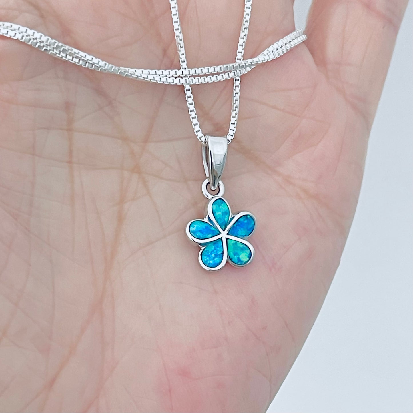 Sterling Silver Plumeria Blue Lab Opal Necklace, Hawaii Flower Chain, October Birthstone