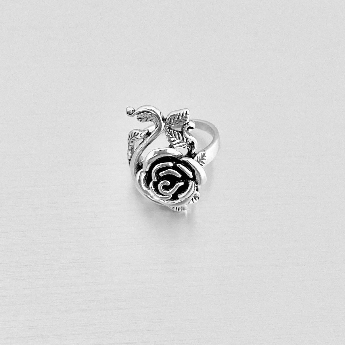 925 Sterling Silver Statement Rose Ring with Leaf Branches | Flower Roses Silver Rings