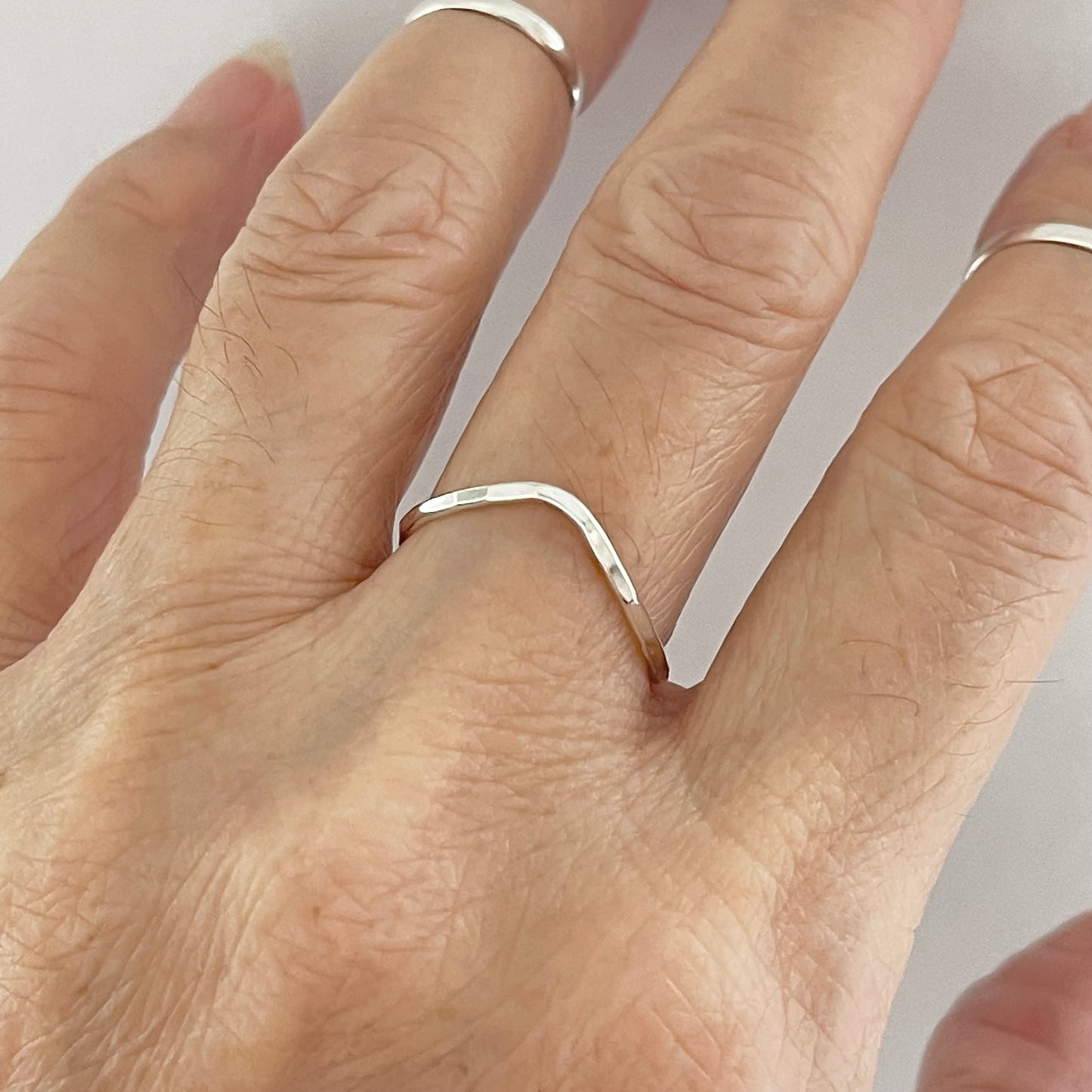 Minimalist Curve Hammered Band Sterling Silver, V Shape Silver Ring