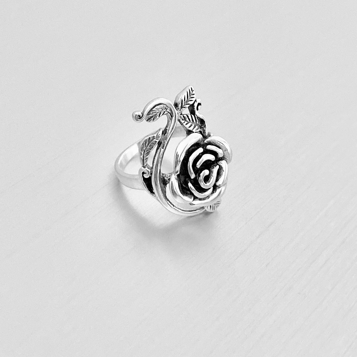 925 Sterling Silver Statement Rose Ring with Leaf Branches | Flower Roses Silver Rings